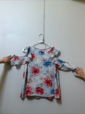 Lush Light Blue Floral Cold-Shoulder Blouse